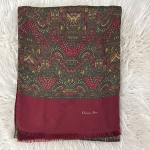 Christian Dior Vintage Silk - Wool Burgundy and Green Paisley Scarf